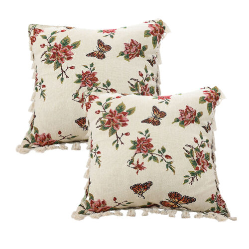 2x 45cm Creamy White French Vintage Butterfly Loves Flowers Tassel Throw Pillow