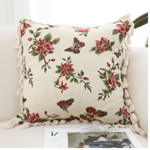 2x 45cm Creamy White French Vintage Butterfly Loves Flowers Tassel Throw Pillow - Image 2