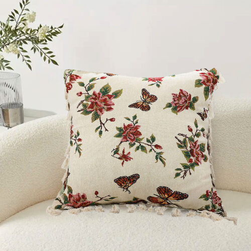 2x 45cm Creamy White French Vintage Butterfly Loves Flowers Tassel Throw Pillow - Image 3