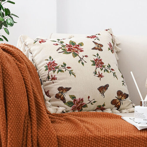 2x 45cm Creamy White French Vintage Butterfly Loves Flowers Tassel Throw Pillow - Image 4