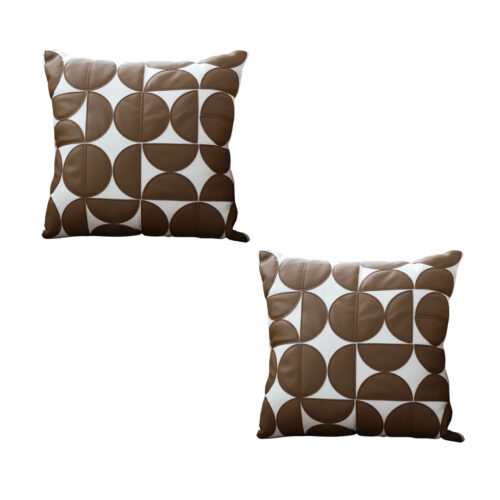 2x 45cm Brown Leather Square Pillow Half Moon Patchwork Decorative Cushion for Living Room