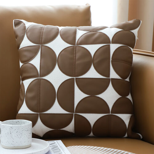 2x 45cm Brown Leather Square Pillow Half Moon Patchwork Decorative Cushion for Living Room - Image 2