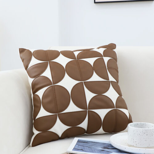 2x 45cm Brown Leather Square Pillow Half Moon Patchwork Decorative Cushion for Living Room - Image 3