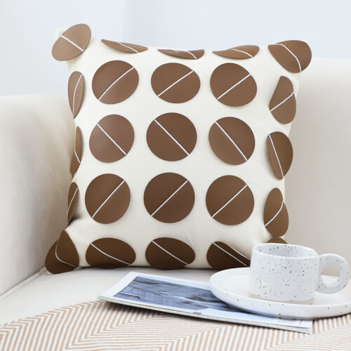 2x 45cm Brown Leather Square Pillow with 3D Circle Pattern Decorative Cushion for Living Room - Image 4