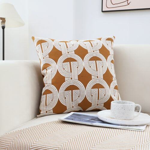 2x 45cm Brown Circular Chain Jacquard Square Pillow Decorative Cushion for Living Room - Image 3
