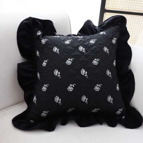 2x 45cm Throw Pillow Black Ruffled Square Decorative Cushion for Rose Lovers Cozy Decor - Image 2