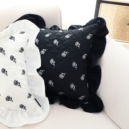 2x 45cm Throw Pillow Black Ruffled Square Decorative Cushion for Rose Lovers Cozy Decor - Image 3