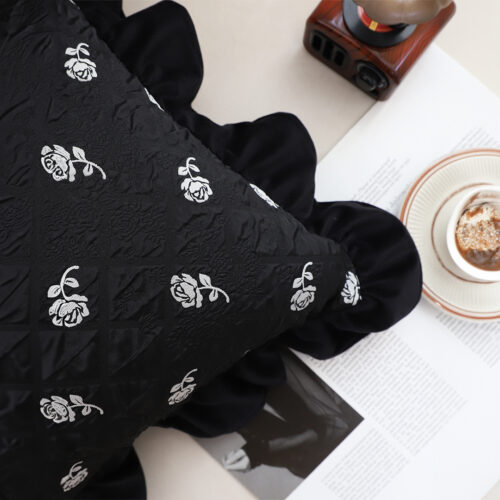 2x 45cm Throw Pillow Black Ruffled Square Decorative Cushion for Rose Lovers Cozy Decor - Image 4