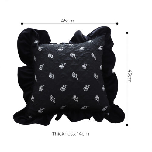 2x 45cm Throw Pillow Black Ruffled Square Decorative Cushion for Rose Lovers Cozy Decor - Image 5
