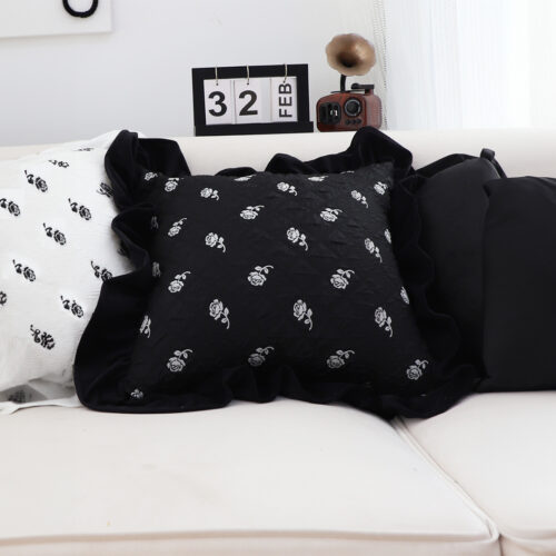 2x 45cm Throw Pillow Black Ruffled Square Decorative Cushion for Rose Lovers Cozy Decor - Image 6