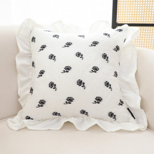 2x 45cm Throw Pillow White Ruffled Square Decorative Cushion for Rose Lovers Cozy Decor - Image 2