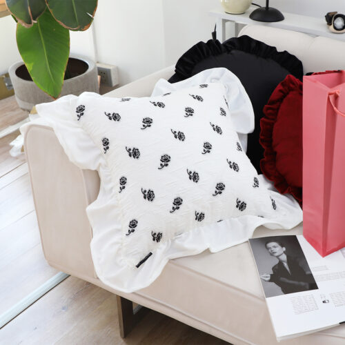 2x 45cm Throw Pillow White Ruffled Square Decorative Cushion for Rose Lovers Cozy Decor - Image 5