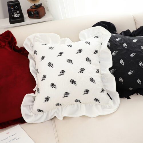 2x 45cm Throw Pillow White Ruffled Square Decorative Cushion for Rose Lovers Cozy Decor - Image 6