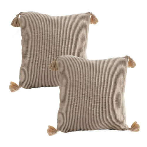 2x 45cm Off-White Wabi-Sabi Raised Pillow Cotton Striped Large Tassel Square Pillow Throw Pillow
