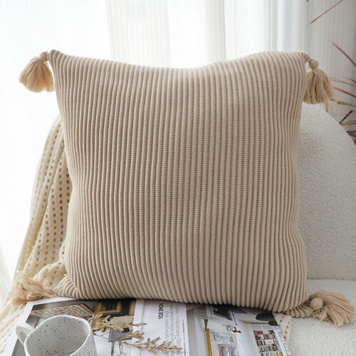 2x 45cm Off-White Wabi-Sabi Raised Pillow Cotton Striped Large Tassel Square Pillow Throw Pillow - Image 2