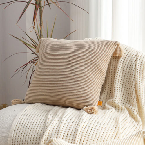 2x 45cm Off-White Wabi-Sabi Raised Pillow Cotton Striped Large Tassel Square Pillow Throw Pillow - Image 3