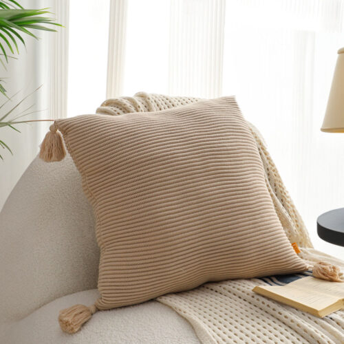 2x 45cm Off-White Wabi-Sabi Raised Pillow Cotton Striped Large Tassel Square Pillow Throw Pillow - Image 4
