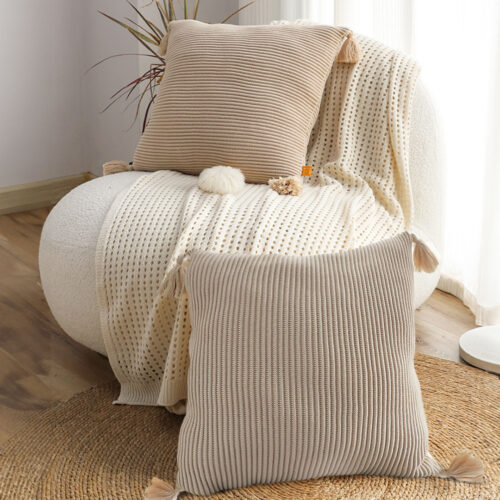 2x 45cm Off-White Wabi-Sabi Raised Pillow Cotton Striped Large Tassel Square Pillow Throw Pillow - Image 6
