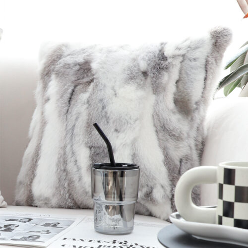 2x 45cm Throw Pillow Floral Gray Rabbit Fur Square Warm Cozy Decorative Cushion Decor - Image 3