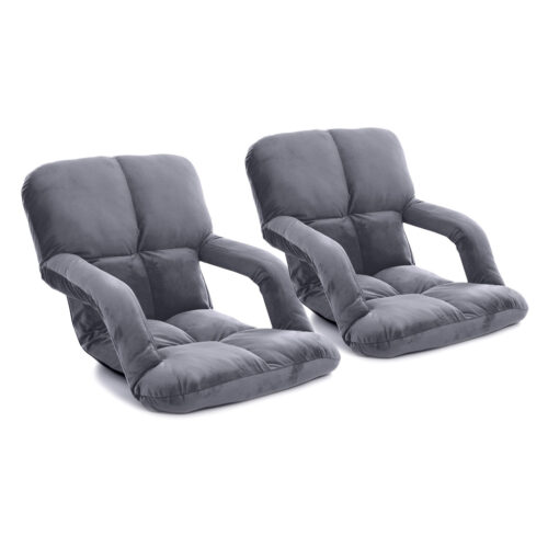 2x Folding Lounge Cushion Adjustable Floor Lazy Recliner Chair with Armrest Grey