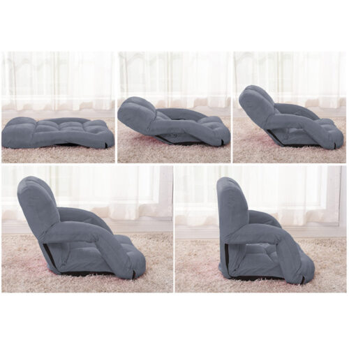 2x Folding Lounge Cushion Adjustable Floor Lazy Recliner Chair with Armrest Grey - Image 5