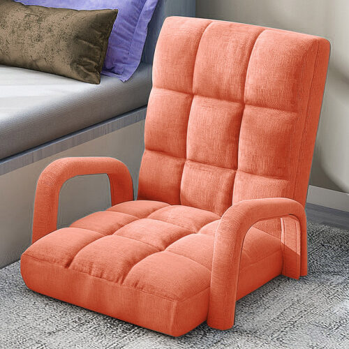 2x Folding Lounge Cushion Adjustable Floor Lazy Recliner Chair with Armrest Orange - Image 7