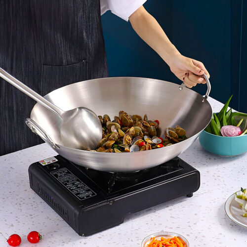 47cm Stainless Steel Kitchen Cooking Wok with 2 Sturdy Handles - Image 3