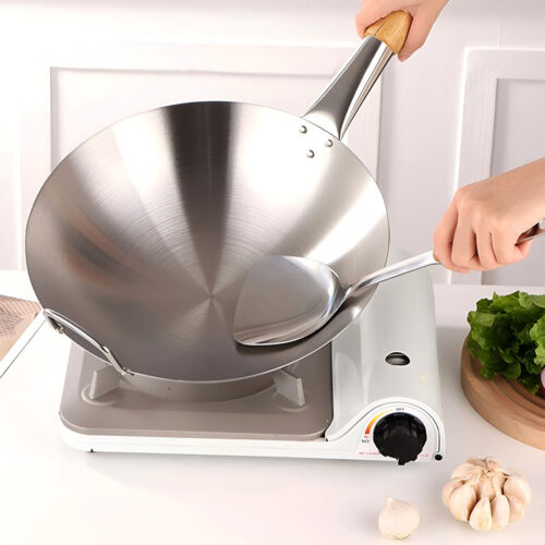 40cm Stainless Steel Kitchen Cooking Wok with Wood Handle - Image 3