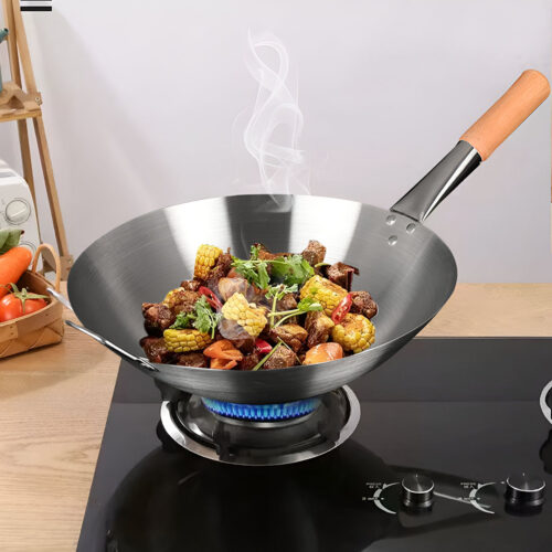 40cm Stainless Steel Kitchen Cooking Wok with Wood Handle - Image 5