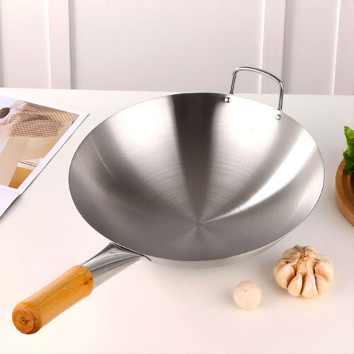 42cm Stainless Steel Kitchen Cooking Wok with Wood Handle - Image 2