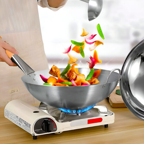 42cm Stainless Steel Kitchen Cooking Wok with Wood Handle - Image 4