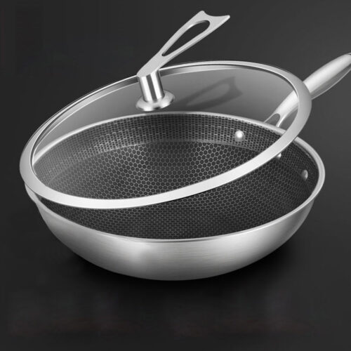 32cm Stainless Steel Tri-Ply Frying Cooking Fry Pan Textured Non Stick Interior Skillet with Glass Lid - Image 6