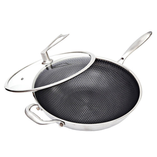 34cm Stainless Steel Tri-Ply Frying Cooking Fry Pan Textured Non Stick Skillet with Glass Lid Helper Handle