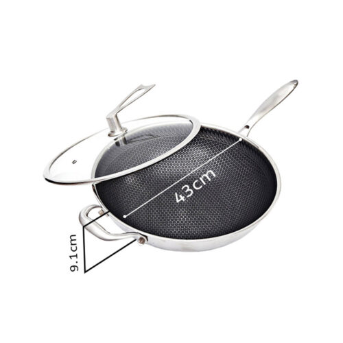34cm Stainless Steel Tri-Ply Frying Cooking Fry Pan Textured Non Stick Skillet with Glass Lid Helper Handle - Image 2