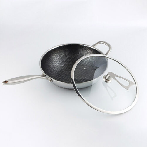 34cm Stainless Steel Tri-Ply Frying Cooking Fry Pan Textured Non Stick Skillet with Glass Lid Helper Handle - Image 3