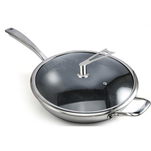 34cm Stainless Steel Tri-Ply Frying Cooking Fry Pan Textured Non Stick Skillet with Glass Lid Helper Handle - Image 4