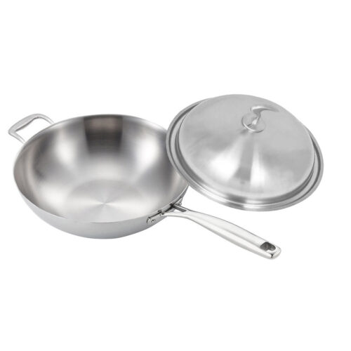 18/10 Stainless Steel Fry Pan 36cm Frying Pan Top Grade Skillet with Helper Handle Lid