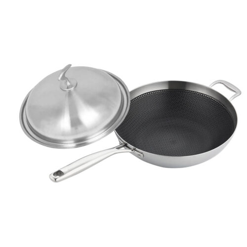18/10 Stainless Steel Fry Pan 34cm Frying Pan Top Grade Textured Non Stick Interior Skillet with Helper Handle Lid