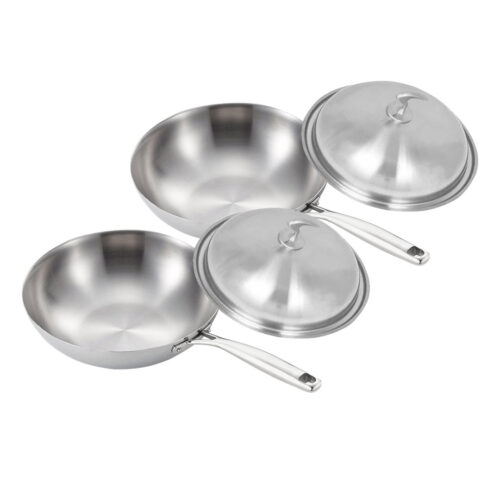 2x 18/10 Stainless Steel Fry Pan 32cm Frying Pan Top Grade Cooking Skillet with Lid