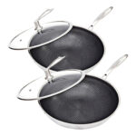 2x 32cm Stainless Steel Tri-Ply Frying Cooking Fry Pan Textured Non Stick Interior Skillet with Glass Lid