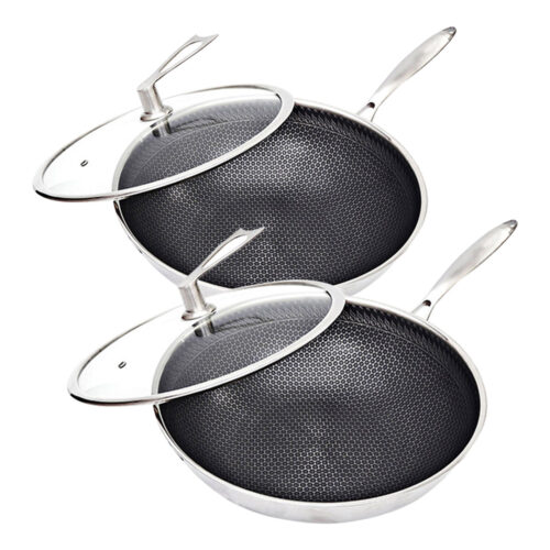2x 32cm Stainless Steel Tri-Ply Frying Cooking Fry Pan Textured Non Stick Interior Skillet with Glass Lid