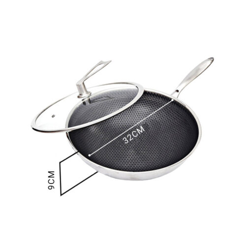 2x 32cm Stainless Steel Tri-Ply Frying Cooking Fry Pan Textured Non Stick Interior Skillet with Glass Lid - Image 2