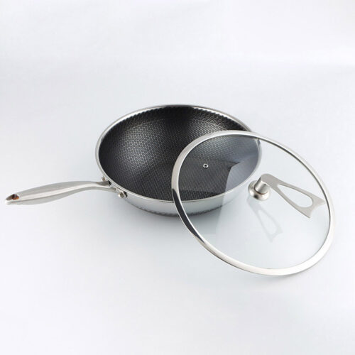 2x 32cm Stainless Steel Tri-Ply Frying Cooking Fry Pan Textured Non Stick Interior Skillet with Glass Lid - Image 3