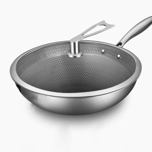 2x 32cm Stainless Steel Tri-Ply Frying Cooking Fry Pan Textured Non Stick Interior Skillet with Glass Lid - Image 5