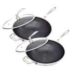 2x 34cm Stainless Steel Tri-Ply Frying Cooking Fry Pan Textured Non Stick Skillet with Glass Lid Helper Handle