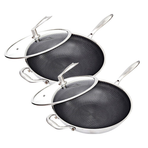 2x 34cm Stainless Steel Tri-Ply Frying Cooking Fry Pan Textured Non Stick Skillet with Glass Lid Helper Handle