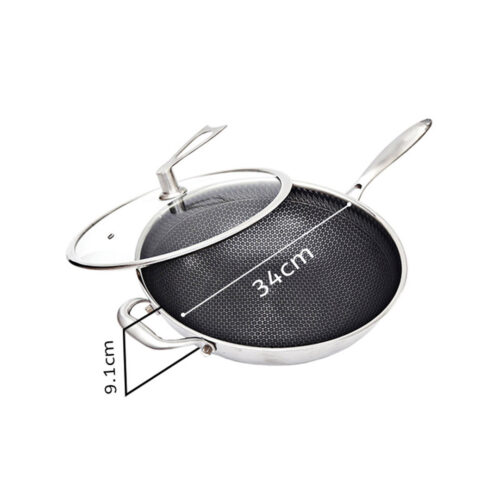 2x 34cm Stainless Steel Tri-Ply Frying Cooking Fry Pan Textured Non Stick Skillet with Glass Lid Helper Handle - Image 2