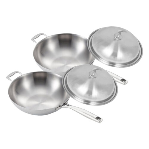 2x 18/10 Stainless Steel Fry Pan 36cm Frying Pan Top Grade Skillet with Helper Handle Lid