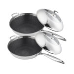 2x 18/10 Stainless Steel Fry Pan 32cm Frying Pan Top Grade Non Stick Interior Skillet with Helper Handle Lid