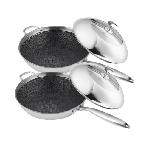 2x 18/10 Stainless Steel Fry Pan 32cm Frying Pan Top Grade Non Stick Interior Skillet with Helper Handle Lid